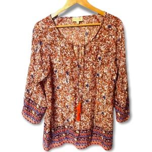 Lucy & Laurel cute lightweight multicolored paisley print boho peasant top #34F
